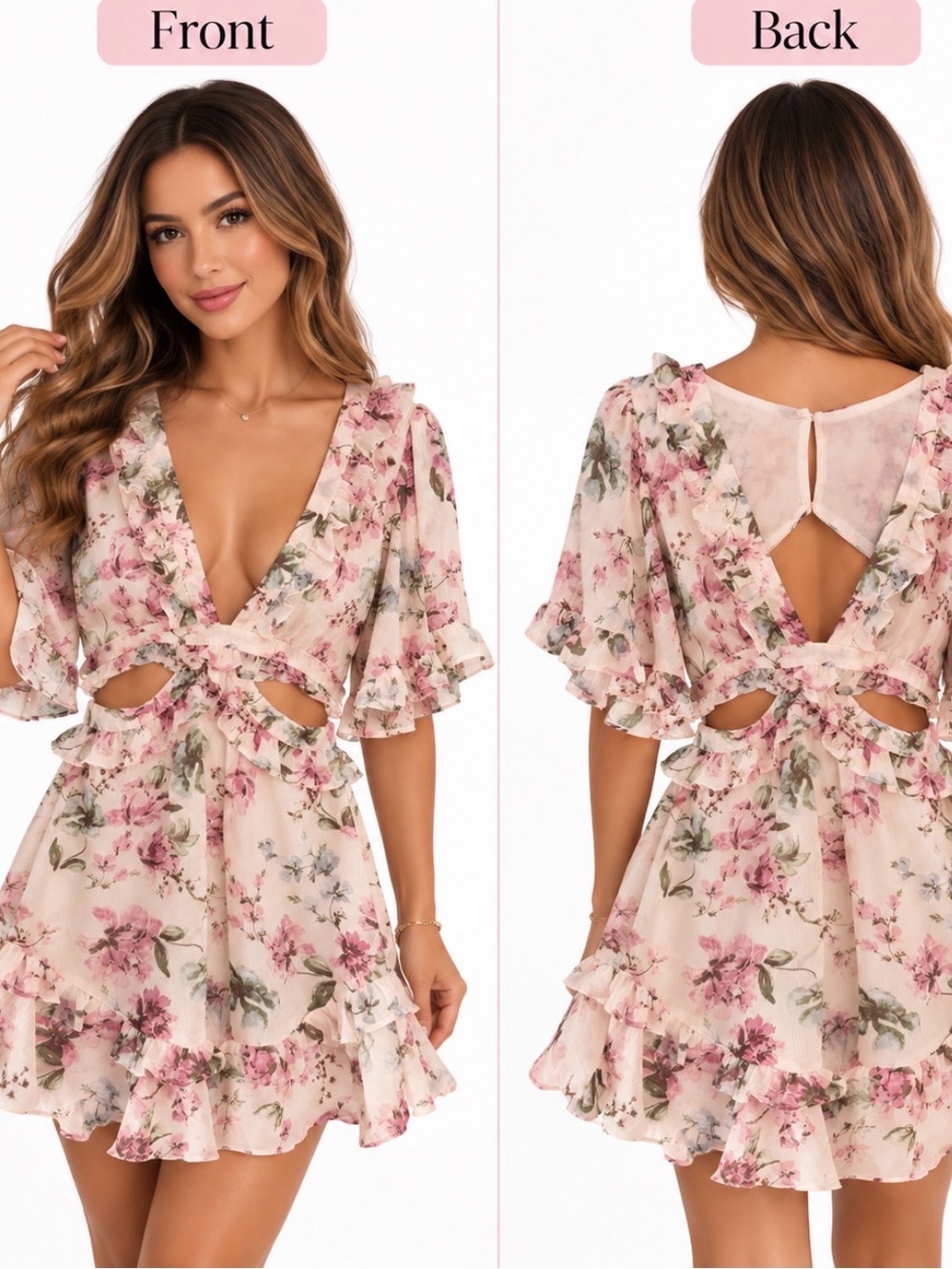 Olivaceous Pink Floral Ruffle Cutout Mini Dress